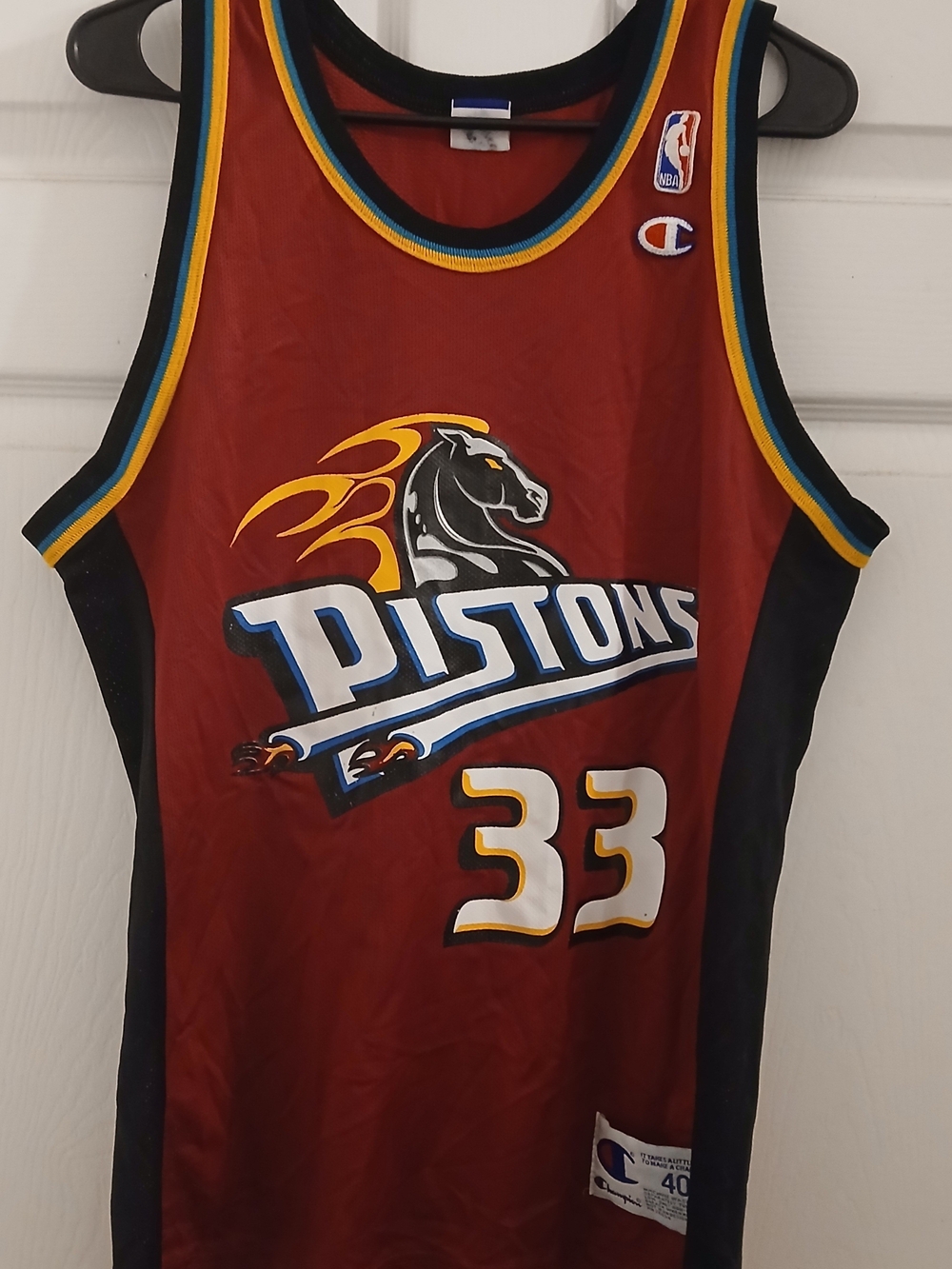 Grant Hill Champion Red Pistons #33 Basketball Jersey with Black Trim